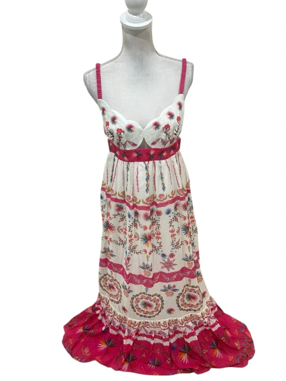 NWT SALONI Naki Cream linen Maxi sunDress scalloped neck cut outs Pink shell 8 - Picture 4 of 11